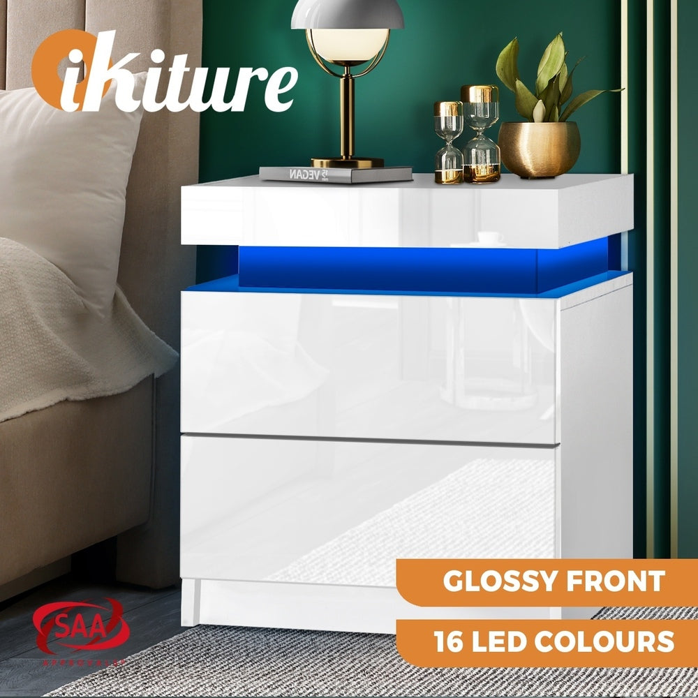 Bedside Table RGB LED 2 Drawers White