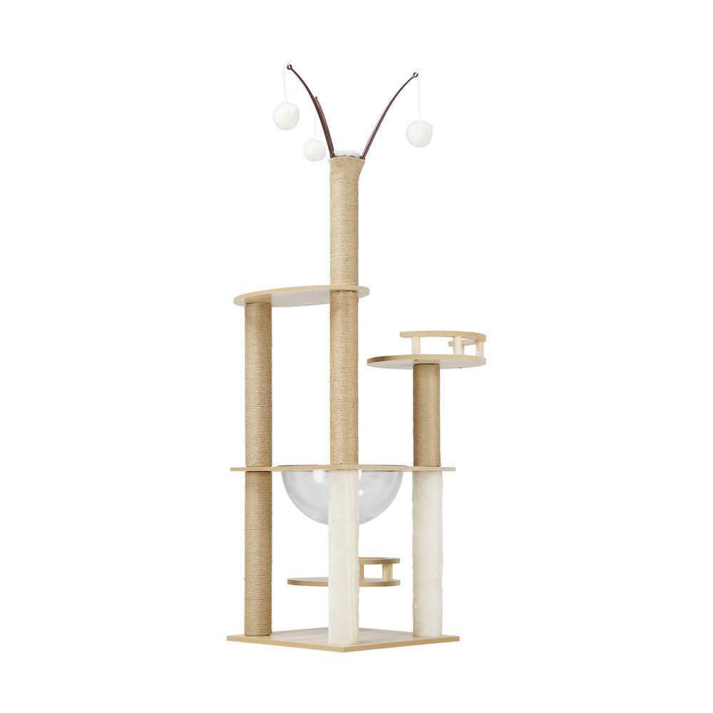 Wooden Cat Tree Scratching Post Acrylic Bowl
