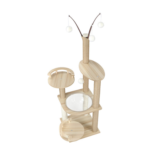 Wooden Cat Tree Scratching Post Acrylic Bowl