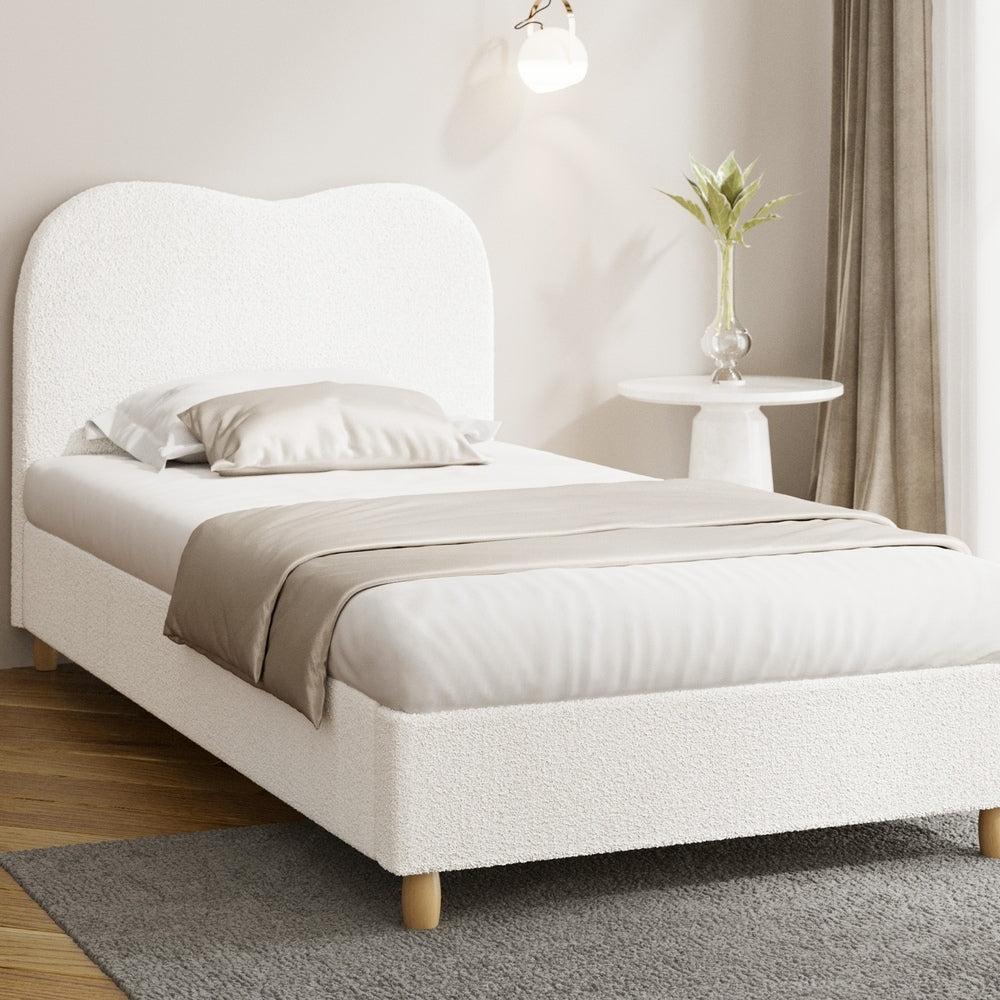 Single Size Bed Frame in White Boucle with Cloud Shape