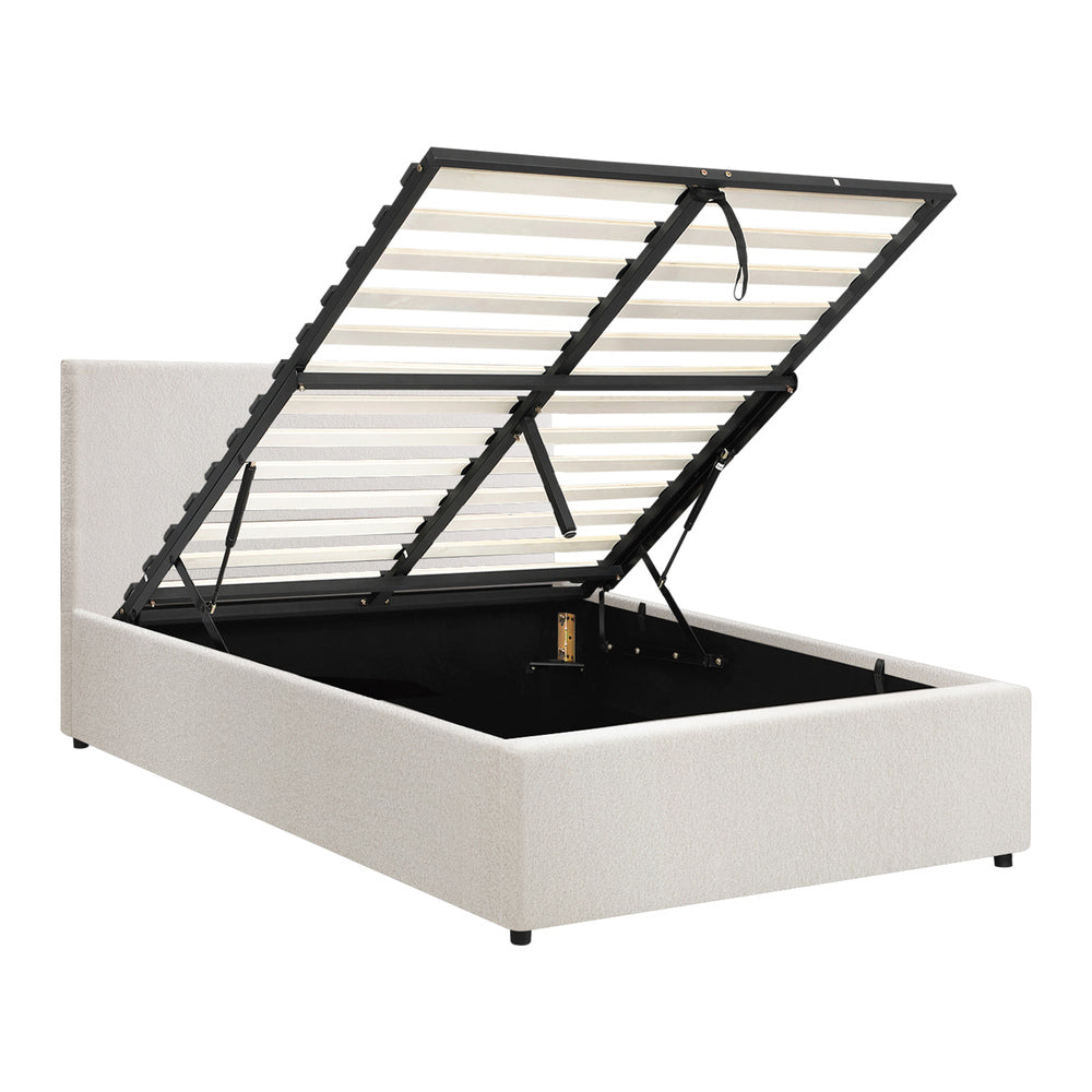 King Single Bed Frame with Gas Lift Storage Base in White Boucle