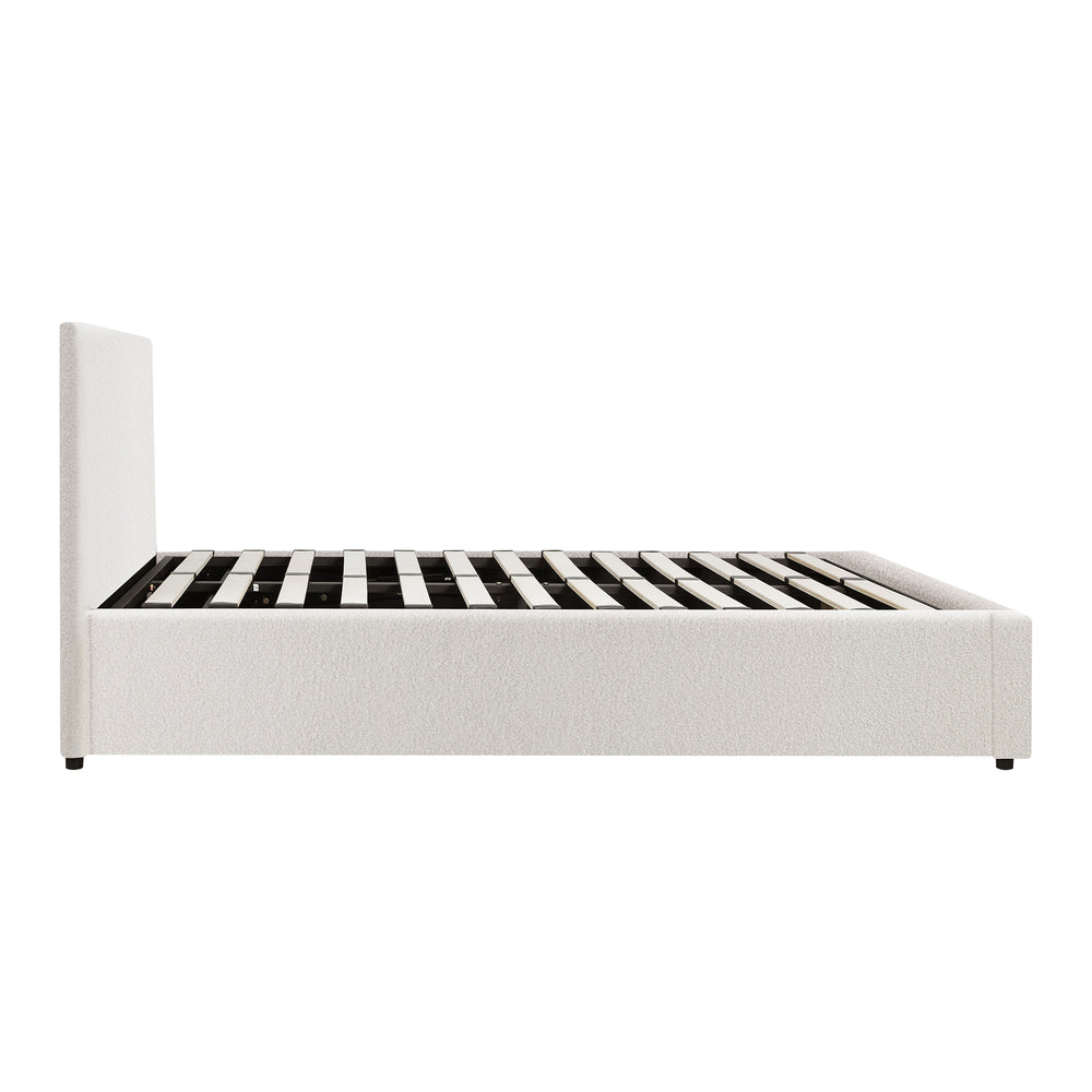 King Single Bed Frame with Gas Lift Storage Base in White Boucle
