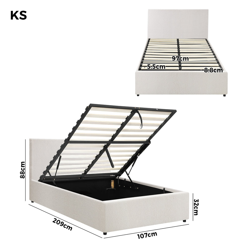 King Single Bed Frame with Gas Lift Storage Base in White Boucle
