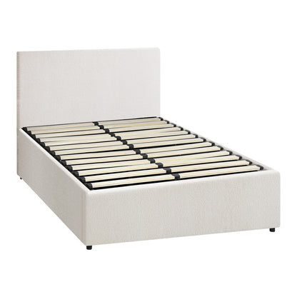 King Single Bed Frame with Gas Lift Storage Base in White Boucle