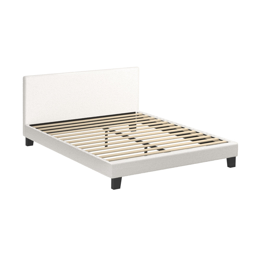 Double Bed Frame with Wooden Slats in White Boucle Fabric