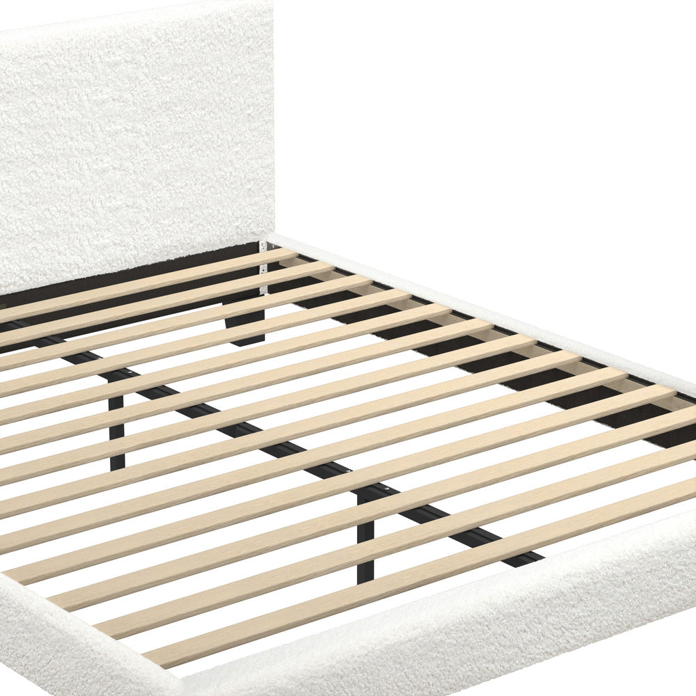 Double Bed Frame with Wooden Slats in White Boucle Fabric