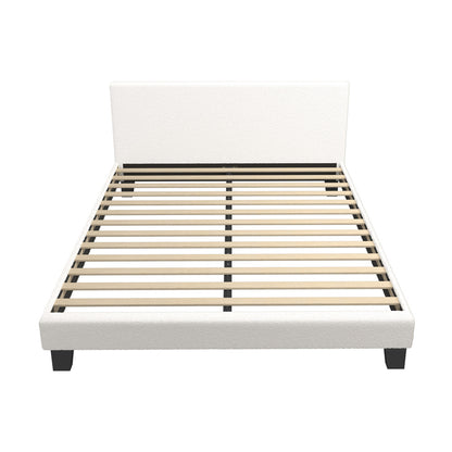 Double Bed Frame with Wooden Slats in White Boucle Fabric