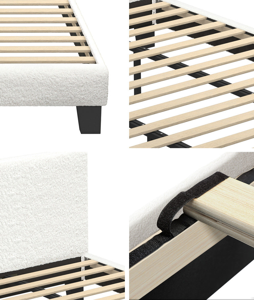 King Bed Frame with Wooden Slats in White Boucle Fabric