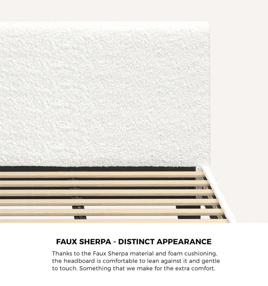 King Bed Frame with Wooden Slats in White Boucle Fabric