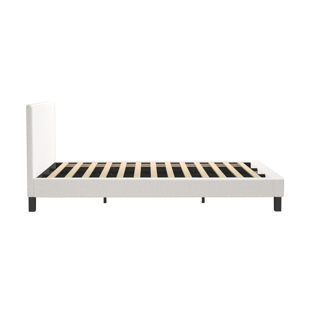King Bed Frame with Wooden Slats in White Boucle Fabric