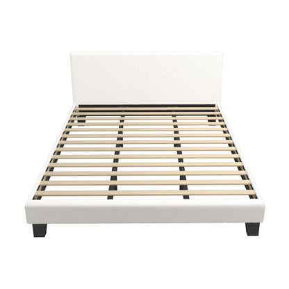 King Bed Frame with Wooden Slats in White Boucle Fabric