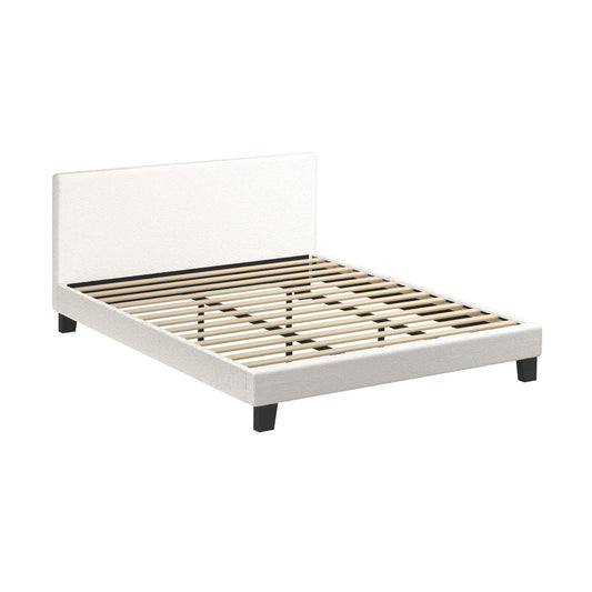 King Bed Frame with Wooden Slats in White Boucle Fabric