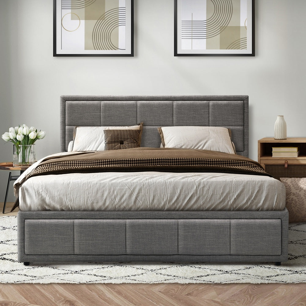 Queen Bed Frame with Gas Lift Storage Base Fabric Grey