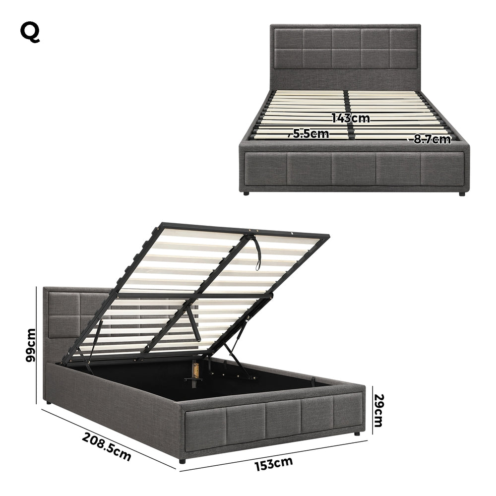 Queen Bed Frame with Gas Lift Storage Base Fabric Grey