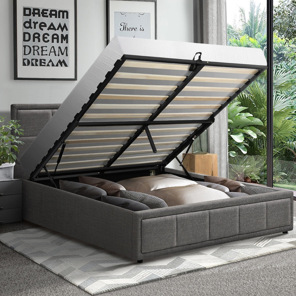 Queen Bed Frame with Gas Lift Storage Base Fabric Grey