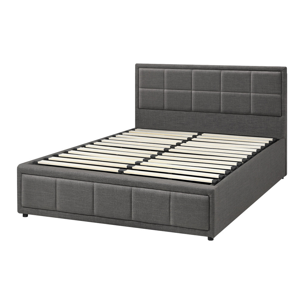 Queen Bed Frame with Gas Lift Storage Base Fabric Grey