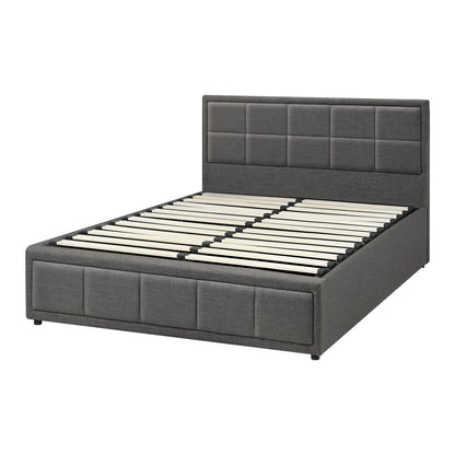 Queen Bed Frame with Gas Lift Storage Base Fabric Grey