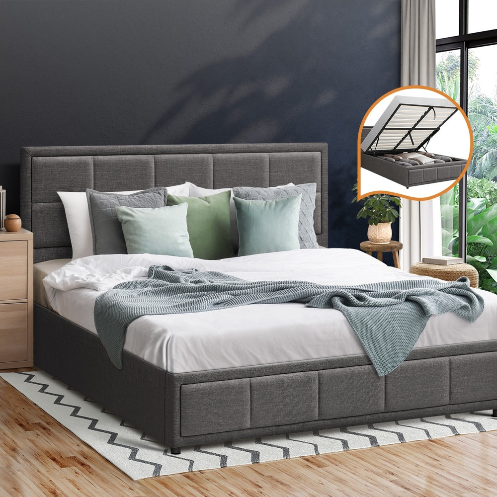 Queen Bed Frame with Gas Lift Storage Base Fabric Grey