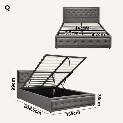 Queen Bed Frame with Gas Lift Storage Base Grey