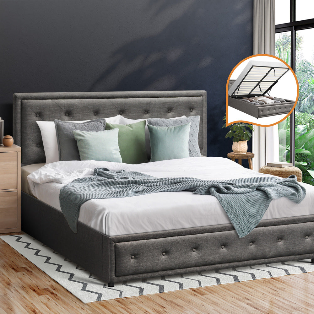 Queen Bed Frame with Gas Lift Storage Base Grey