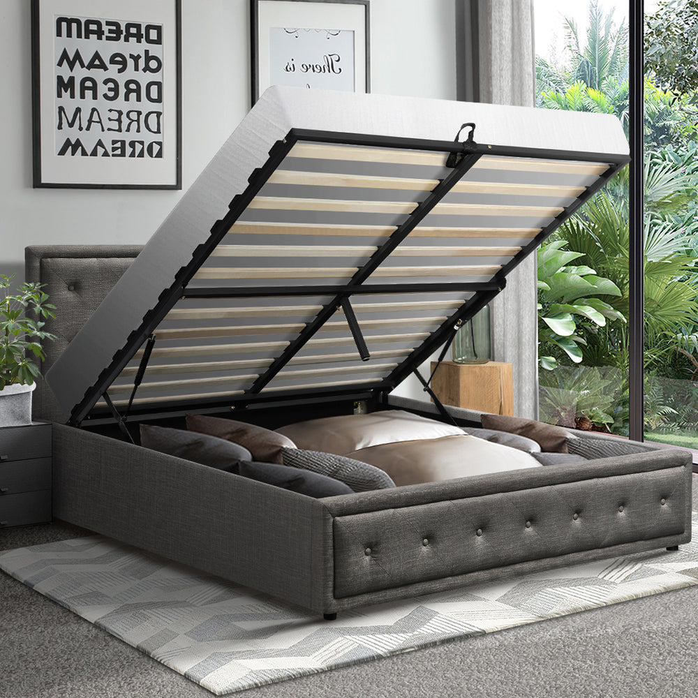 Queen Bed Frame with Gas Lift Storage Base Grey