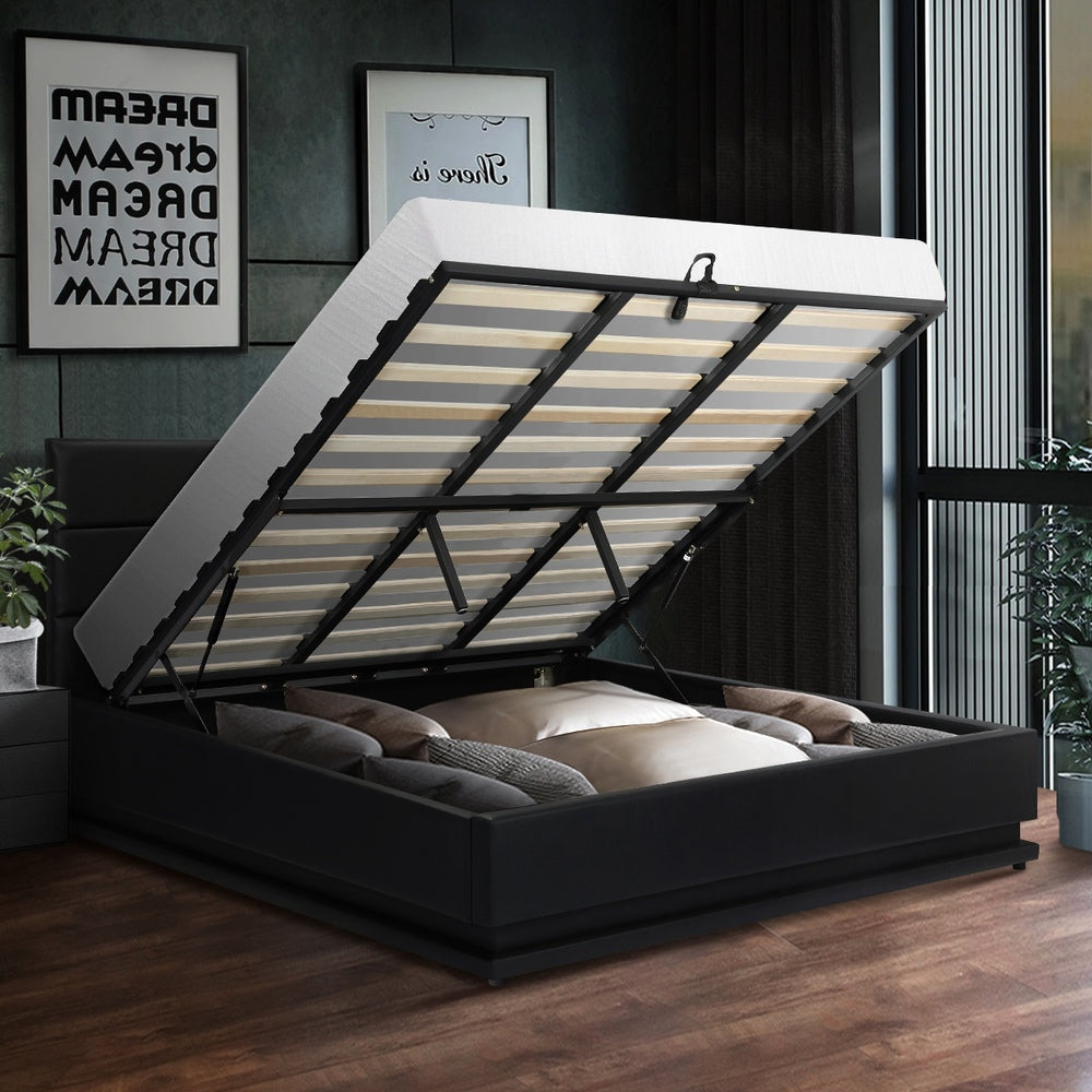 King Bed Frame with Gas Lift RGB Storage Space Black