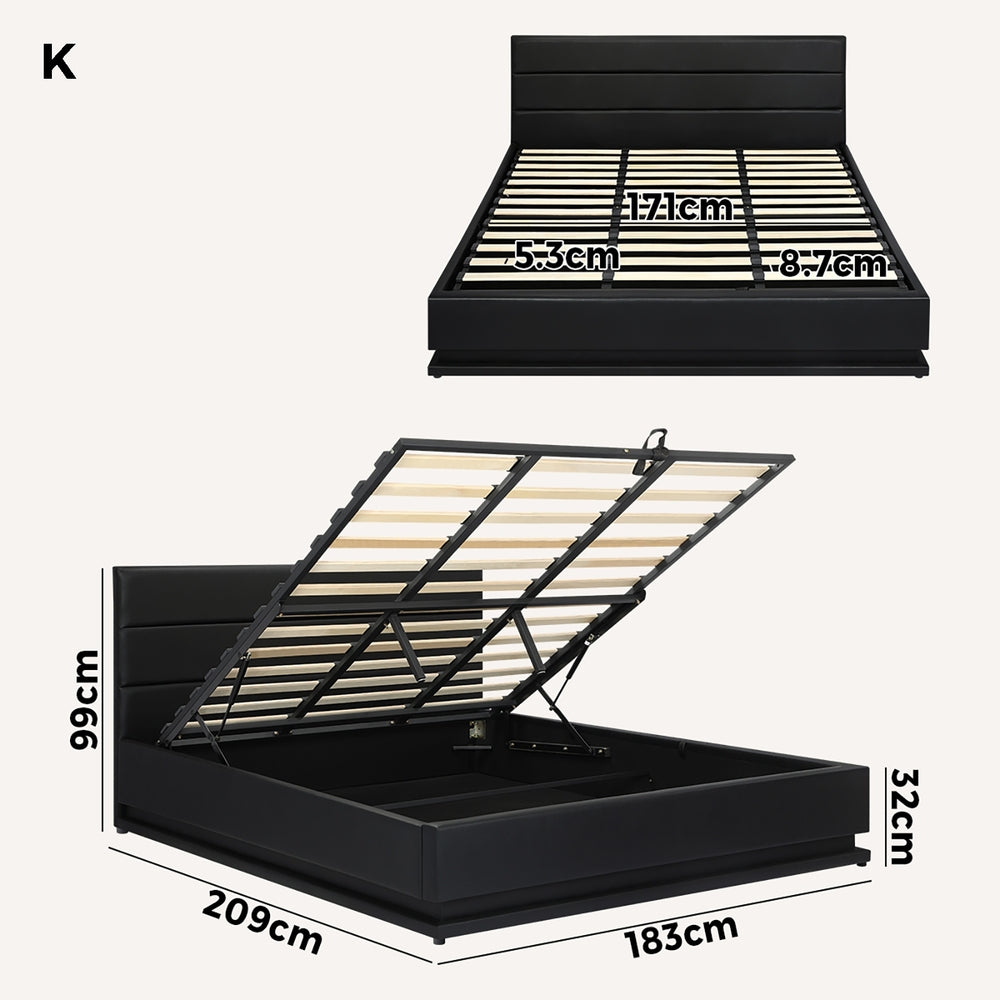 King Bed Frame with Gas Lift RGB Storage Space Black
