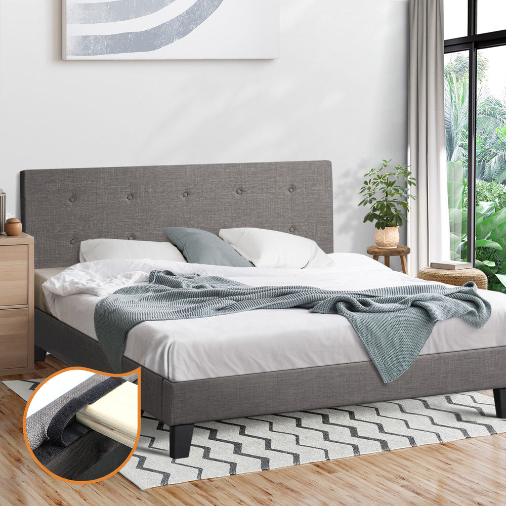Queen Bed Frame Wooden Fabric Grey
