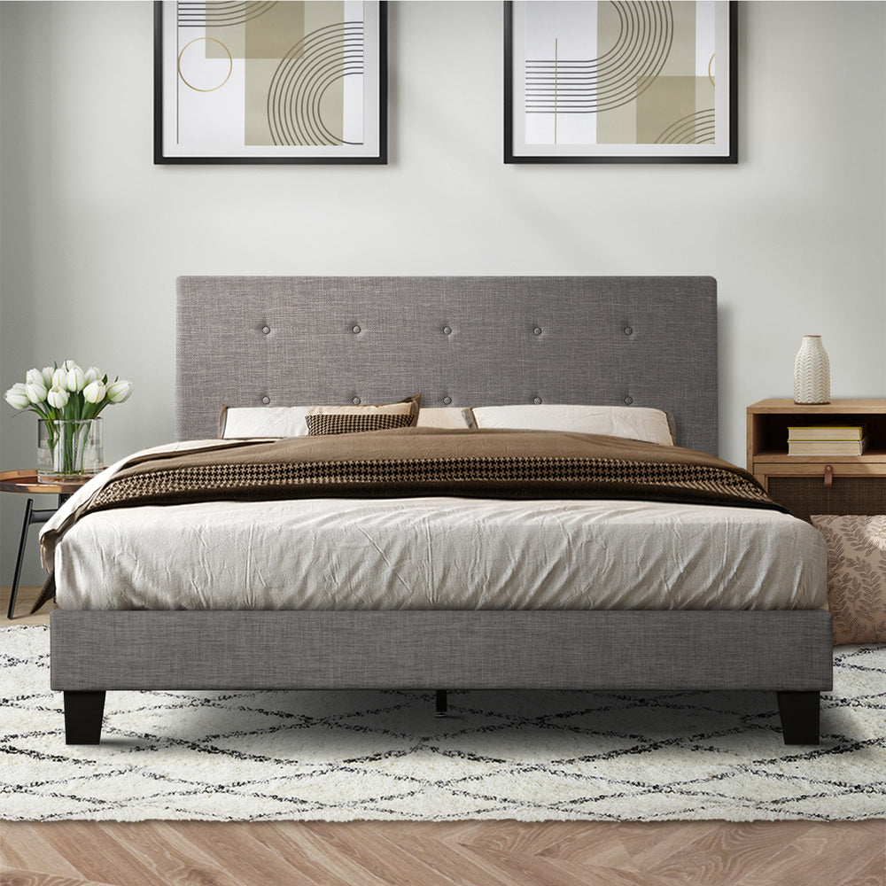 Queen Bed Frame Wooden Fabric Grey