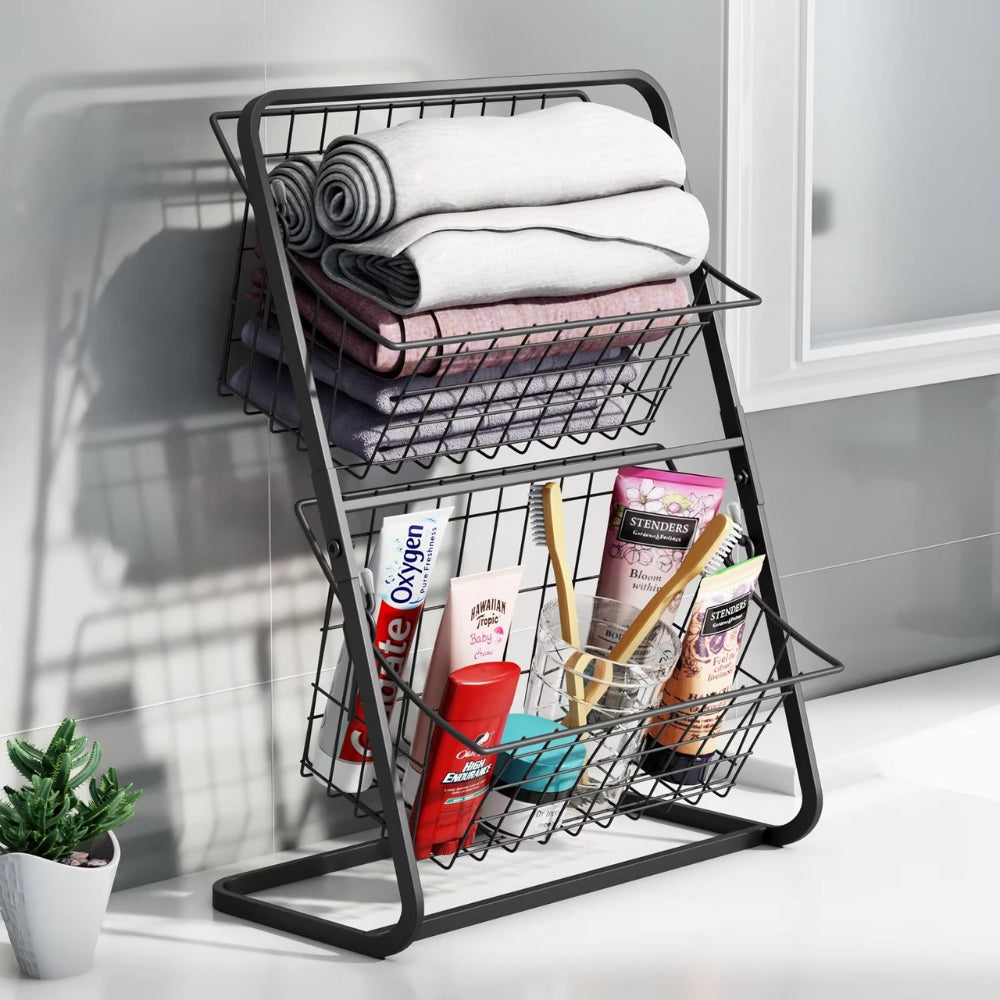 Wire Kitchen Countertop Storage Basket with Removable Rack for Fruits Vegetables Spices Snacks