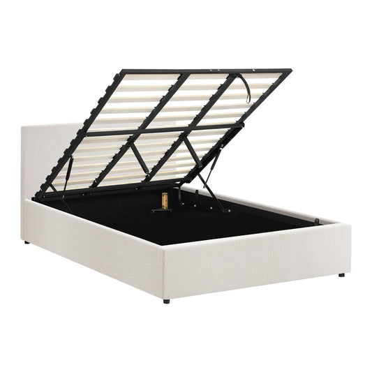 King Bed Frame with Gas Lift Storage Base White Boucle
