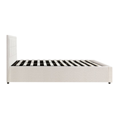 Queen Bed Frame with Gas Lift Storage Base Boucle White