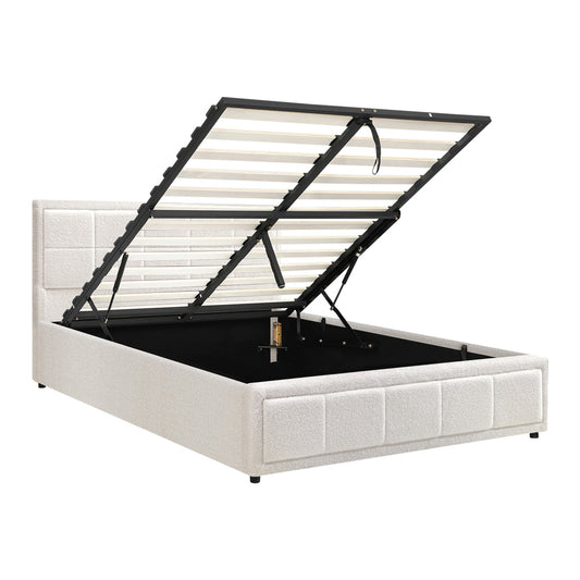 Queen Bed Frame with Gas Lift Storage Base Boucle White