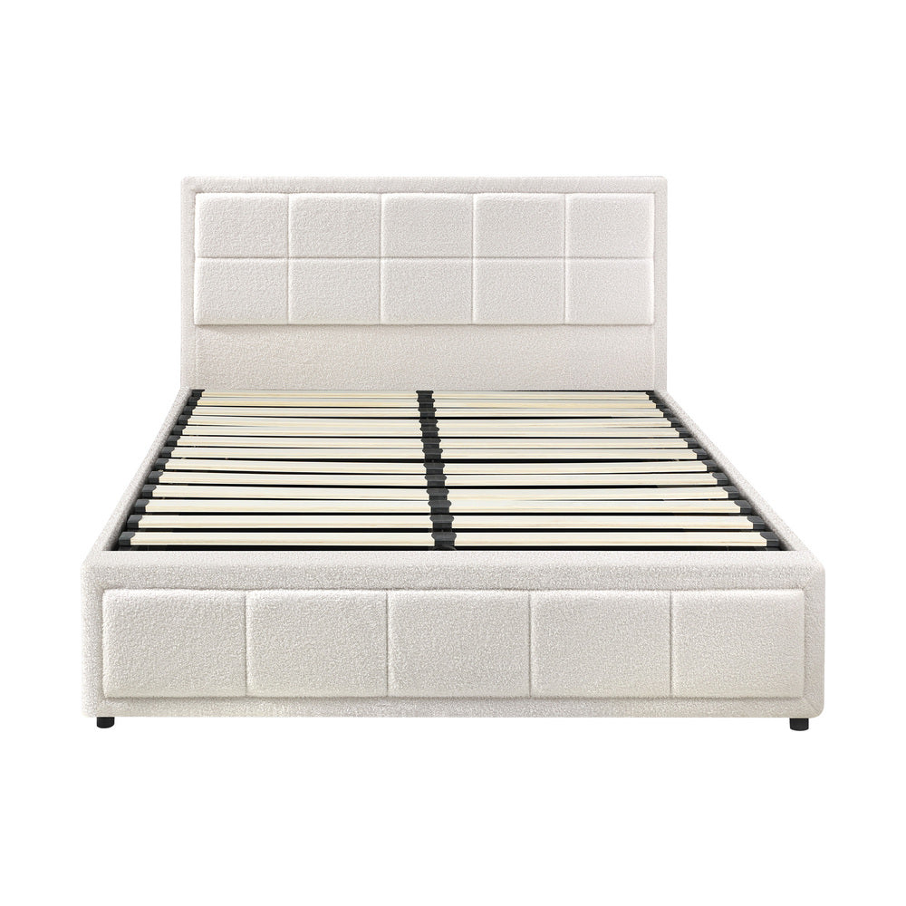 Queen Bed Frame with Gas Lift Storage Base Boucle White