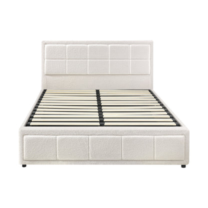 Queen Bed Frame with Gas Lift Storage Base Boucle White