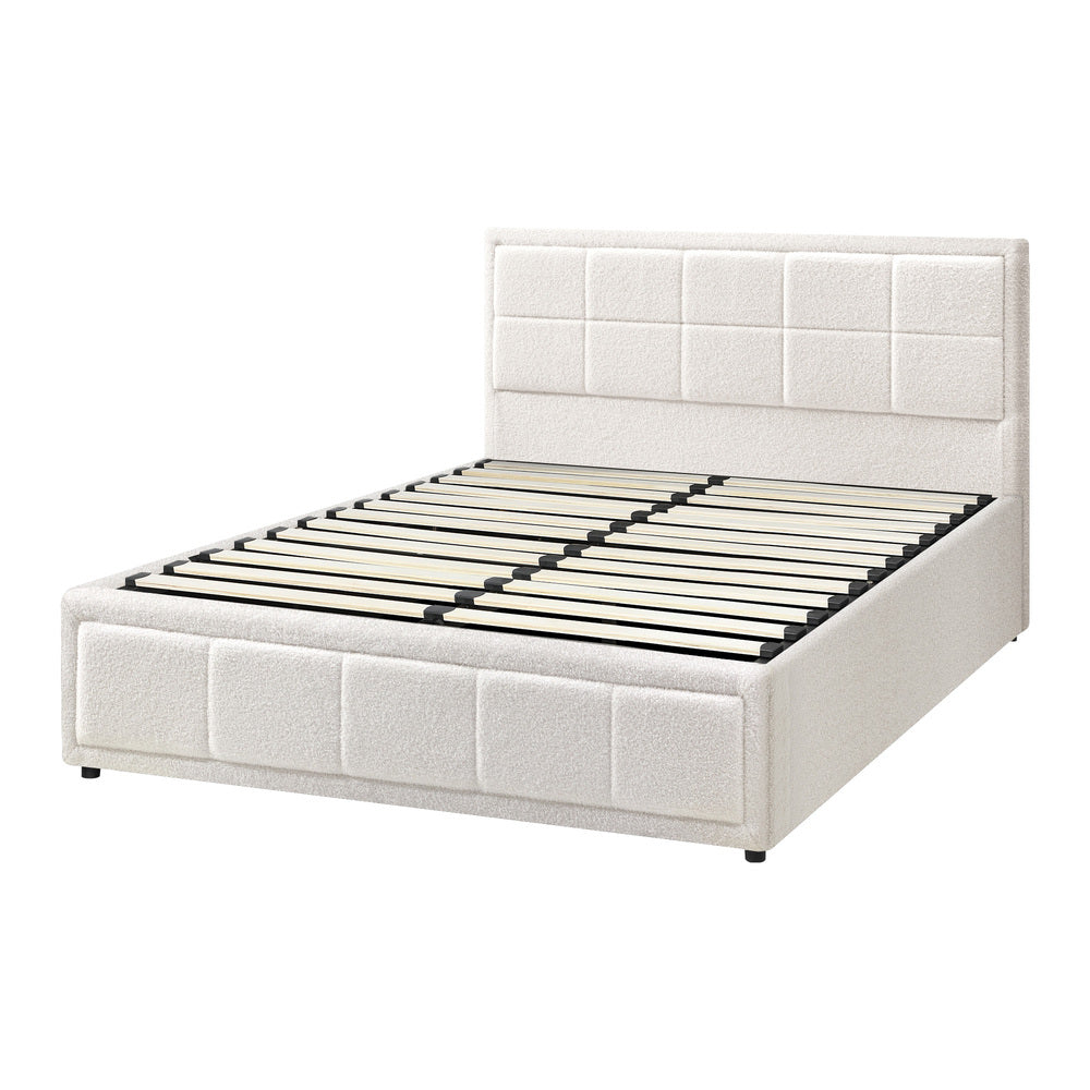 Queen Bed Frame with Gas Lift Storage Base Boucle White
