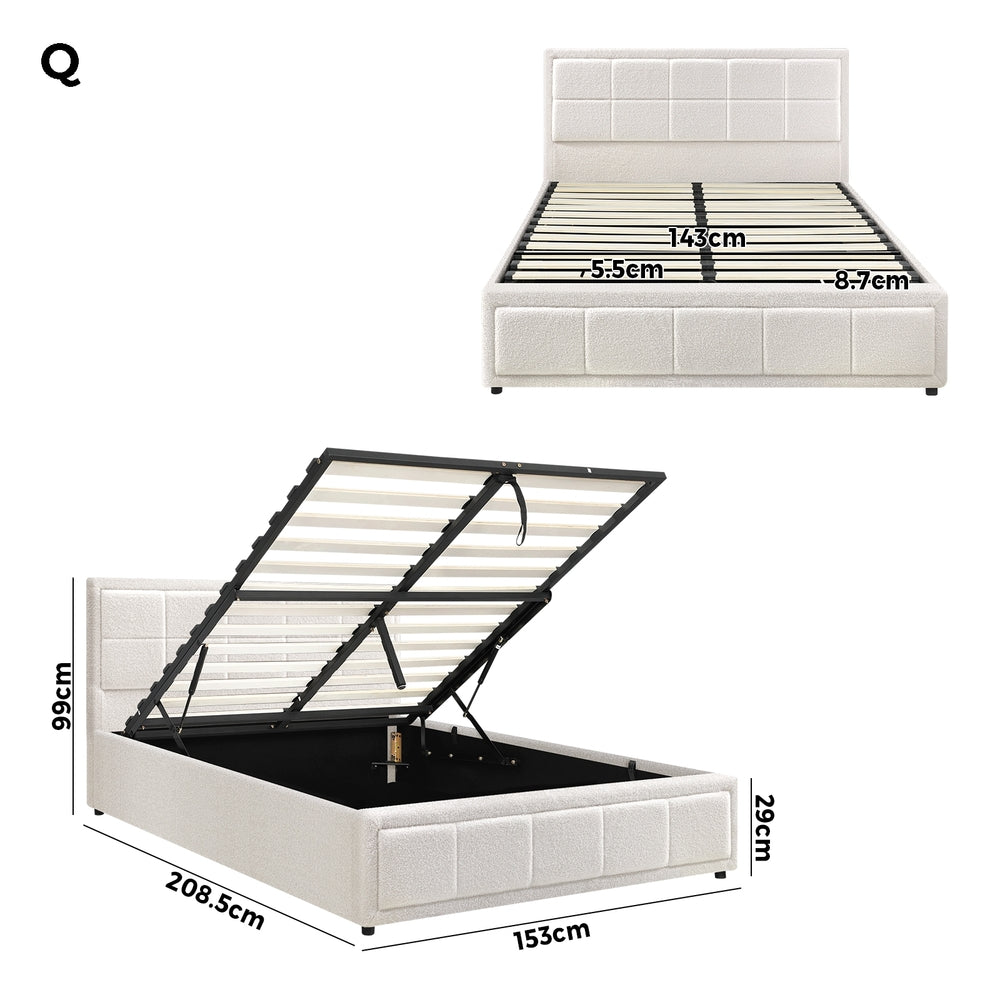 Queen Bed Frame with Gas Lift Storage Base Boucle White