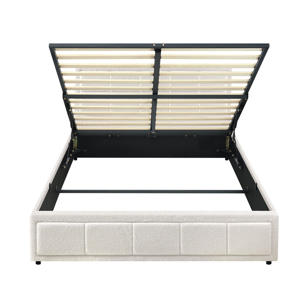 Queen Bed Frame with Gas Lift Storage Base Boucle White