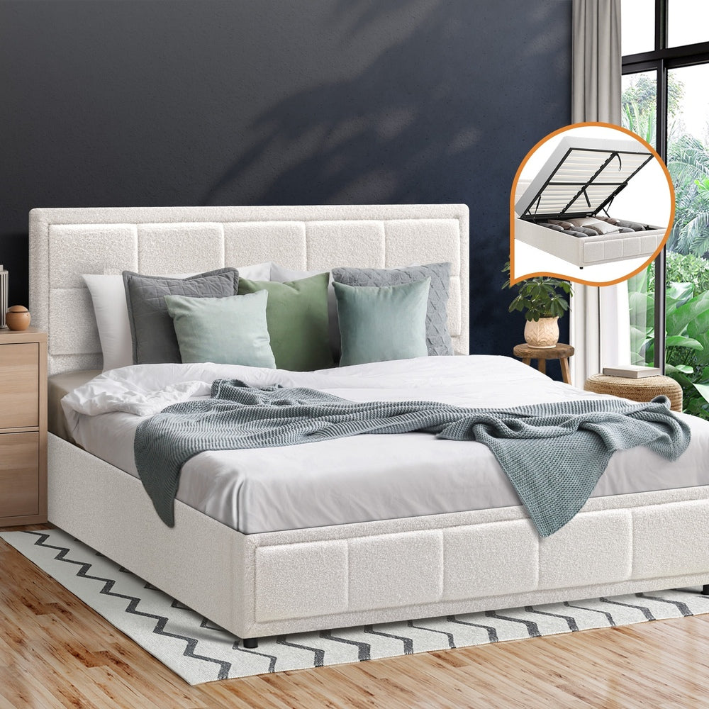 Queen Bed Frame with Gas Lift Storage Base Boucle White