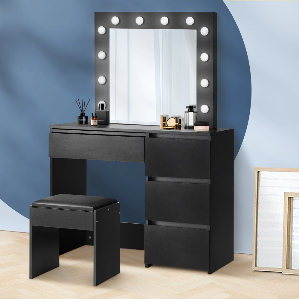 Black Dressing Table Set with Mirror and 12 Bulbs