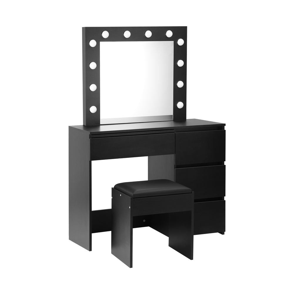 Black Dressing Table Set with Mirror and 12 Bulbs