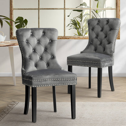 Set of 2 Velvet Dining Chairs French Tufted Grey