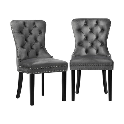 Set of 2 Velvet Dining Chairs French Tufted Grey