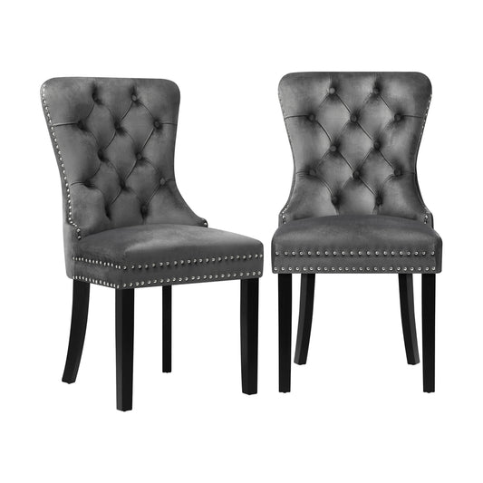 Set of 2 Velvet Dining Chairs French Tufted Grey