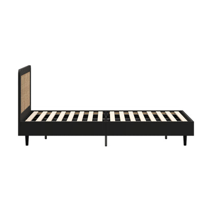 Queen Size Bed Frame with Real Rattan Headboard Black