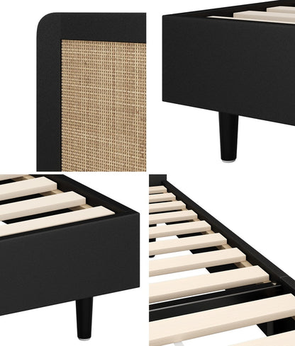 Queen Size Bed Frame with Real Rattan Headboard Black