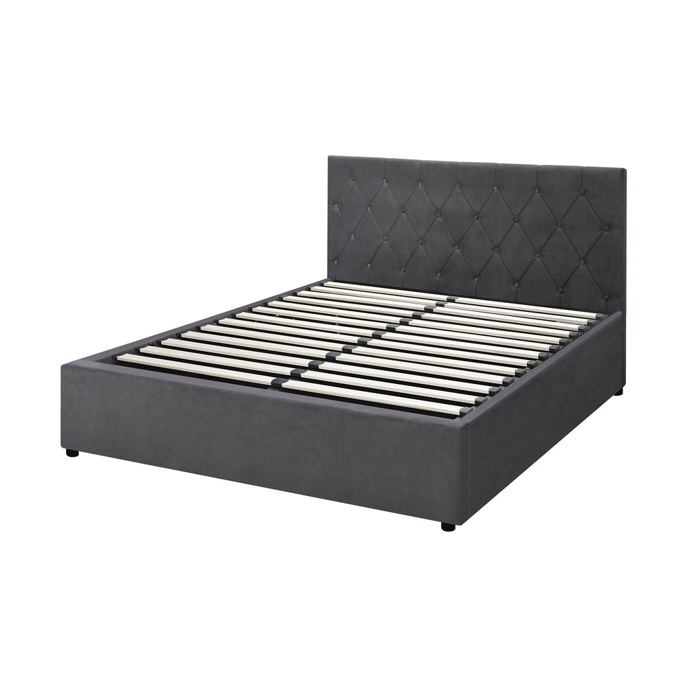 Queen Size Bed Frame with Gas Lift Storage Base Fabric Grey
