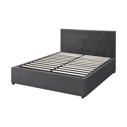Queen Size Bed Frame with Gas Lift Storage Base Fabric Grey