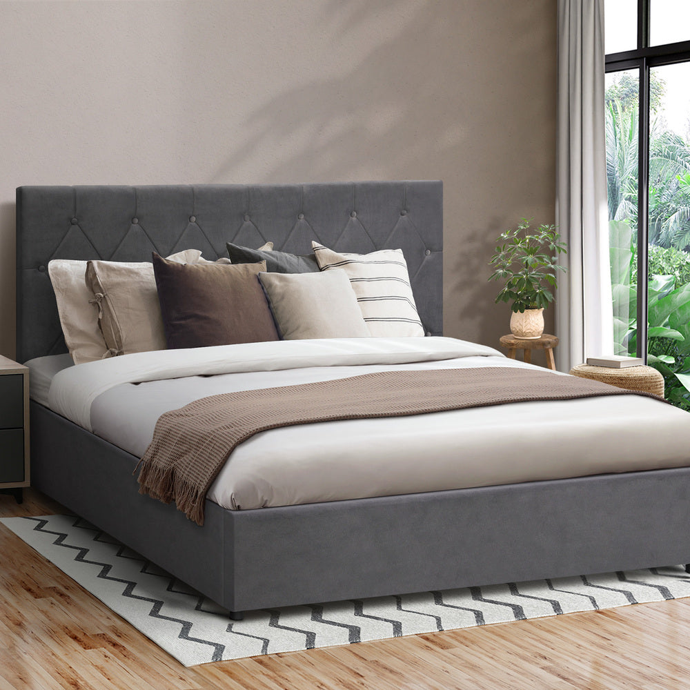 Queen Size Bed Frame with Gas Lift Storage Base Fabric Grey