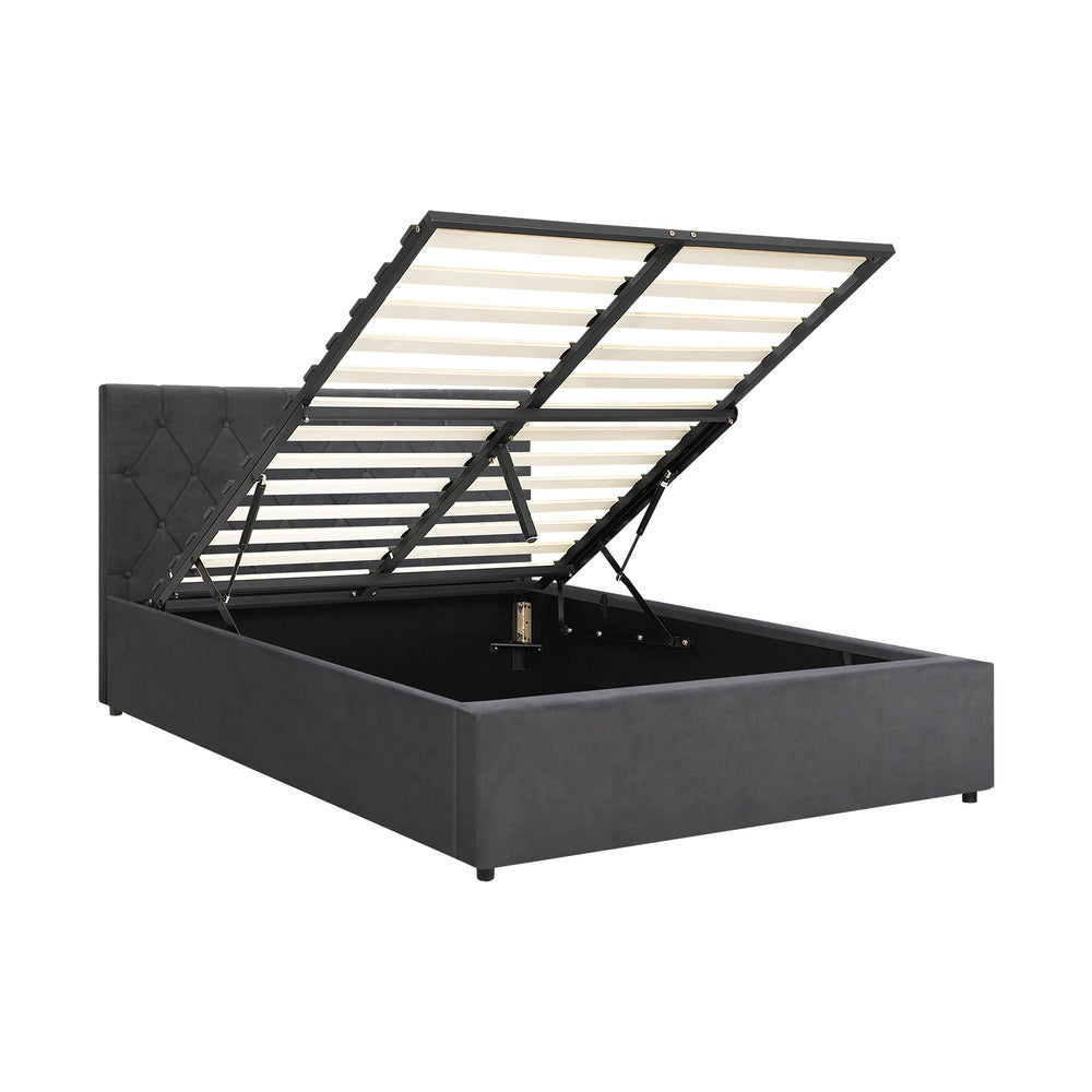 Queen Size Bed Frame with Gas Lift Storage Base Fabric Grey